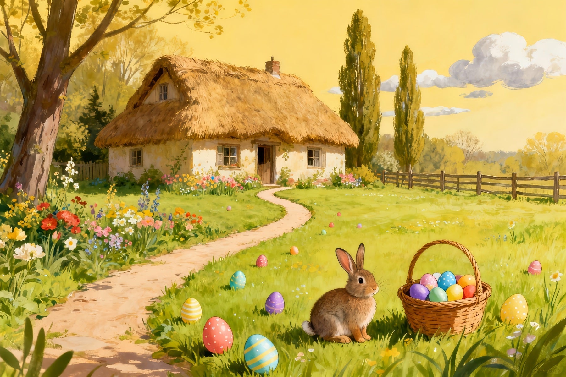 Easter Egg Hunt Backdrop Watercolor Countryside Cottage Garden Bunny Backdrop UK LXX512-135