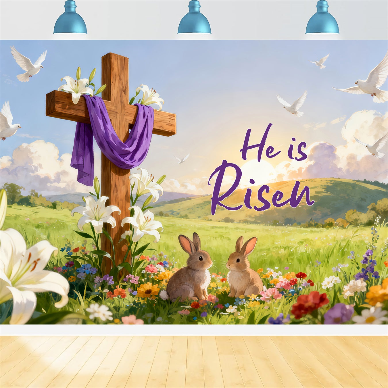 He is Risen Backdrop Resurrection Cross Meadow Bunnies Religious Easter Backdrops UK LXX512-136