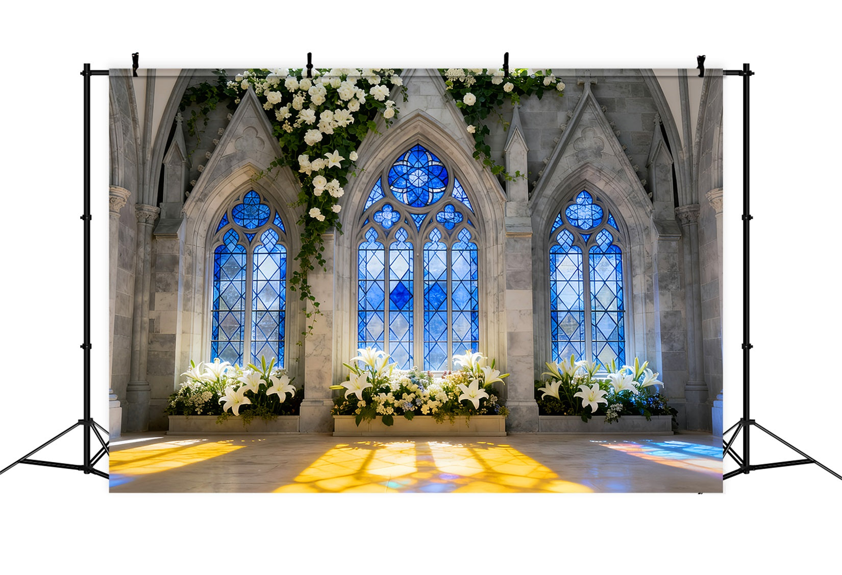 Church Easter Backdrop Gothic Blue Window Lily Light Stained Glass Backdrop UK LXX512-137