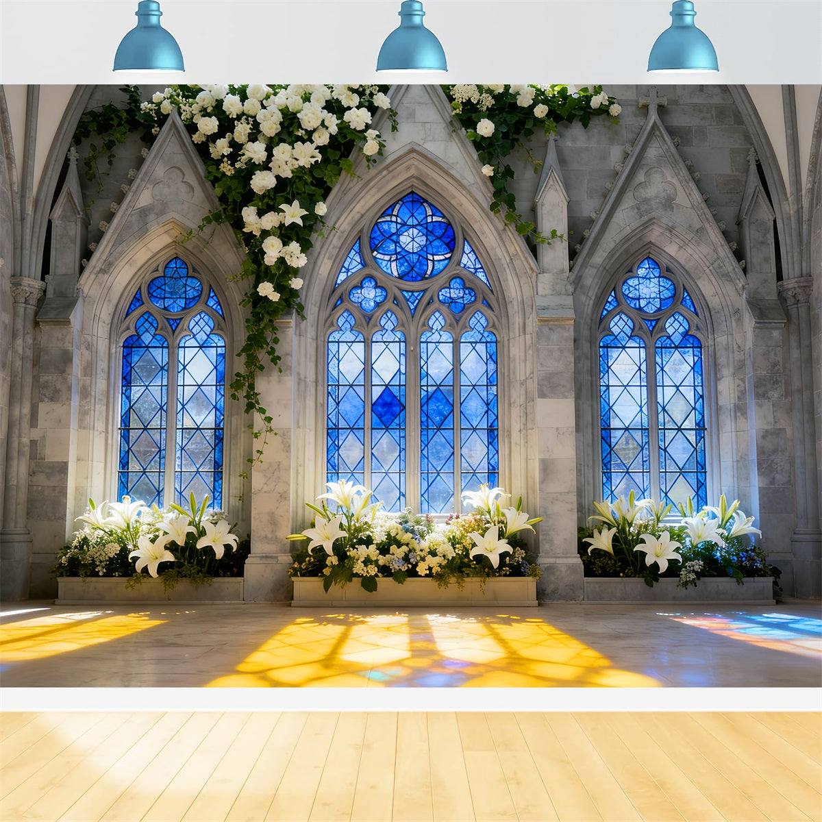 Church Easter Backdrop Gothic Blue Window Lily Light Stained Glass Backdrop UK LXX512-137