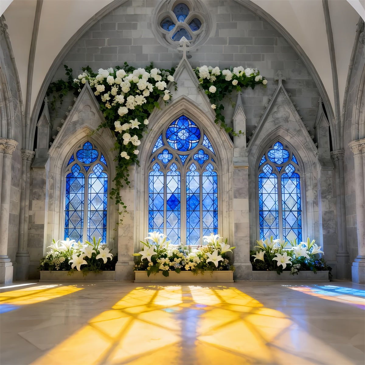 Church Easter Backdrop Gothic Blue Window Lily Light Stained Glass Backdrop UK LXX512-137