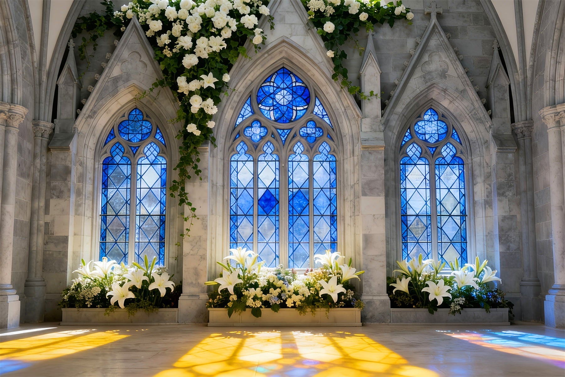 Church Easter Backdrop Gothic Blue Window Lily Light Stained Glass Backdrop UK LXX512-137