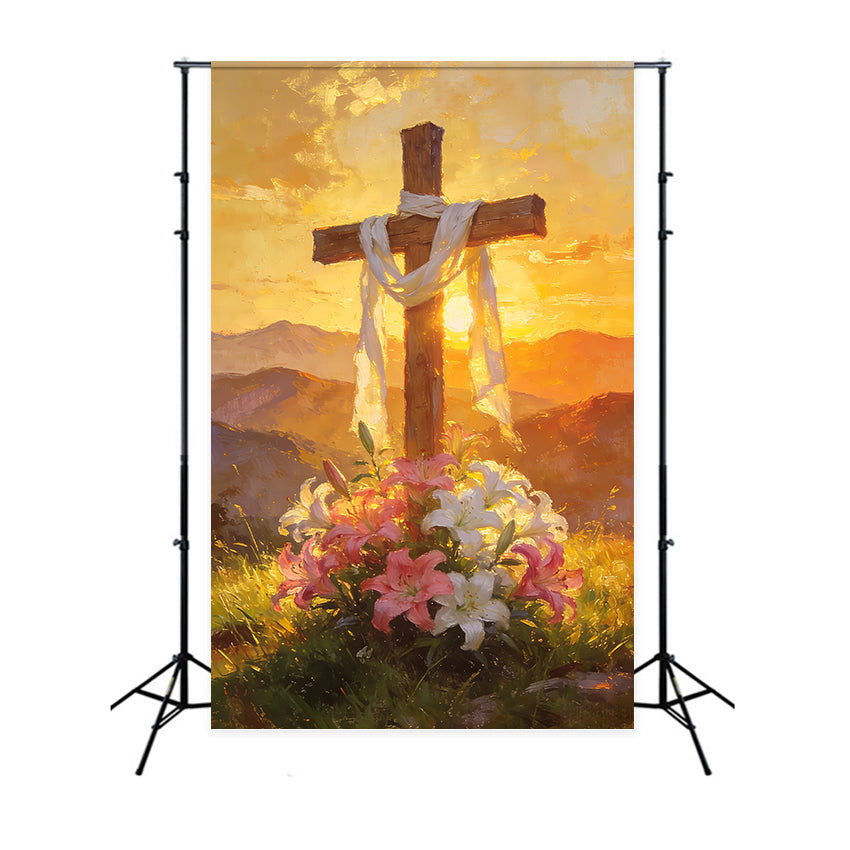 Religious Easter Backdrops Golden Floral Cross Sunrise Church Easter Backdrop UK LXX512-138