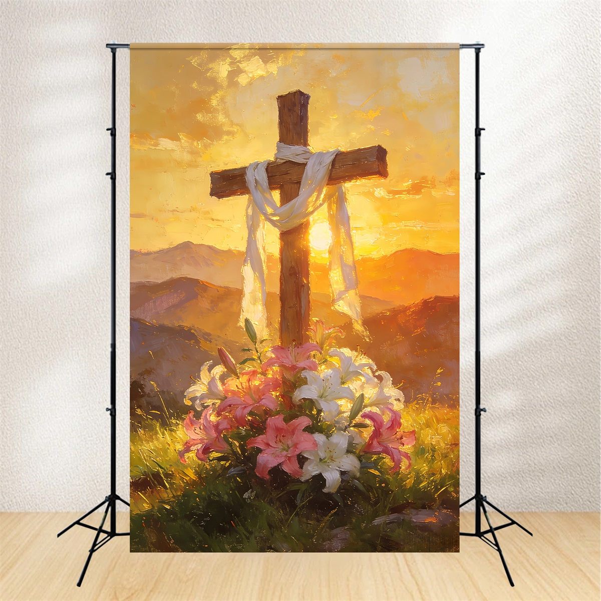 Religious Easter Backdrops Golden Floral Cross Sunrise Church Easter Backdrop UK LXX512-138