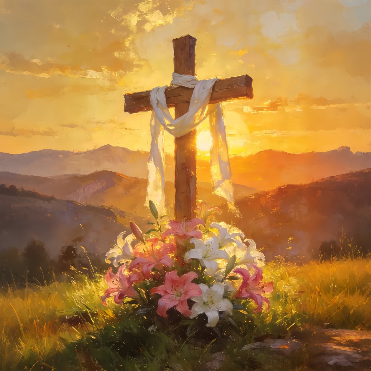 Religious Easter Backdrops Golden Floral Cross Sunrise Church Easter Backdrop UK LXX512-138