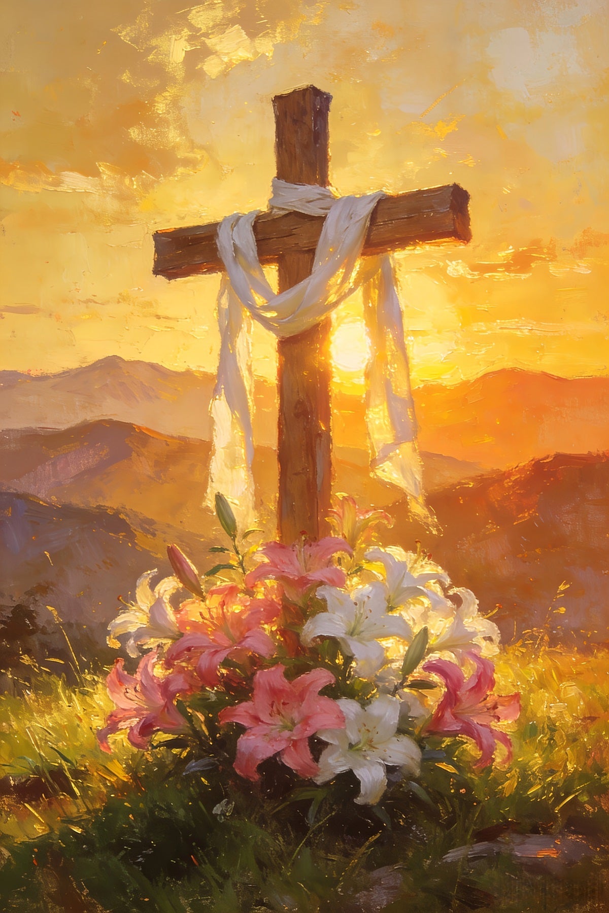 Religious Easter Backdrops Golden Floral Cross Sunrise Church Easter Backdrop UK LXX512-138