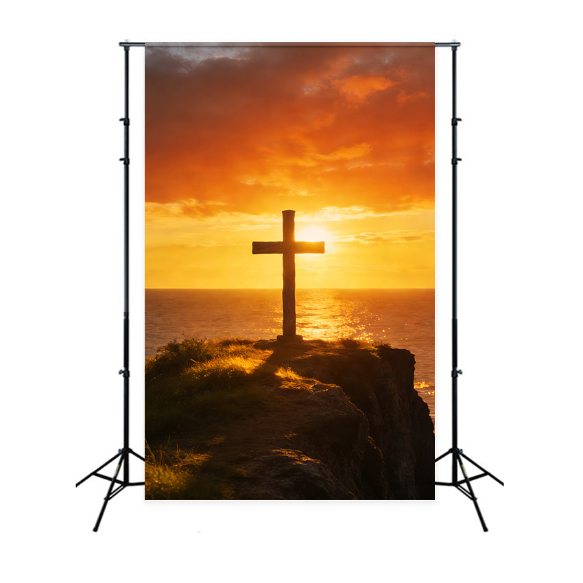 Cross Backdrop Ocean Horizon Sunset Glow Easter Backdrops For Church UK LXX512-139