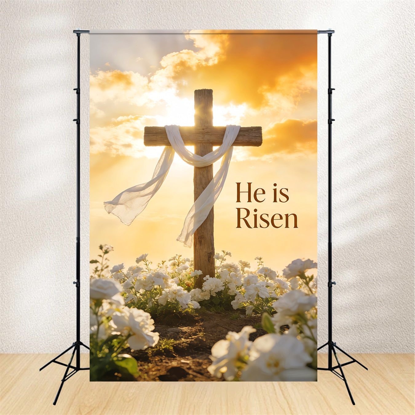 He is Risen Backdrop Sunlit Cross Lily Meadow Church Easter Backdrop UK LXX512-140