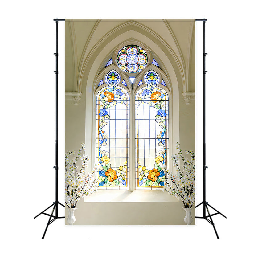 Stained Glass Backdrop Cathedral Daisies Arch Window Church Easter Backdrop UK LXX512-141