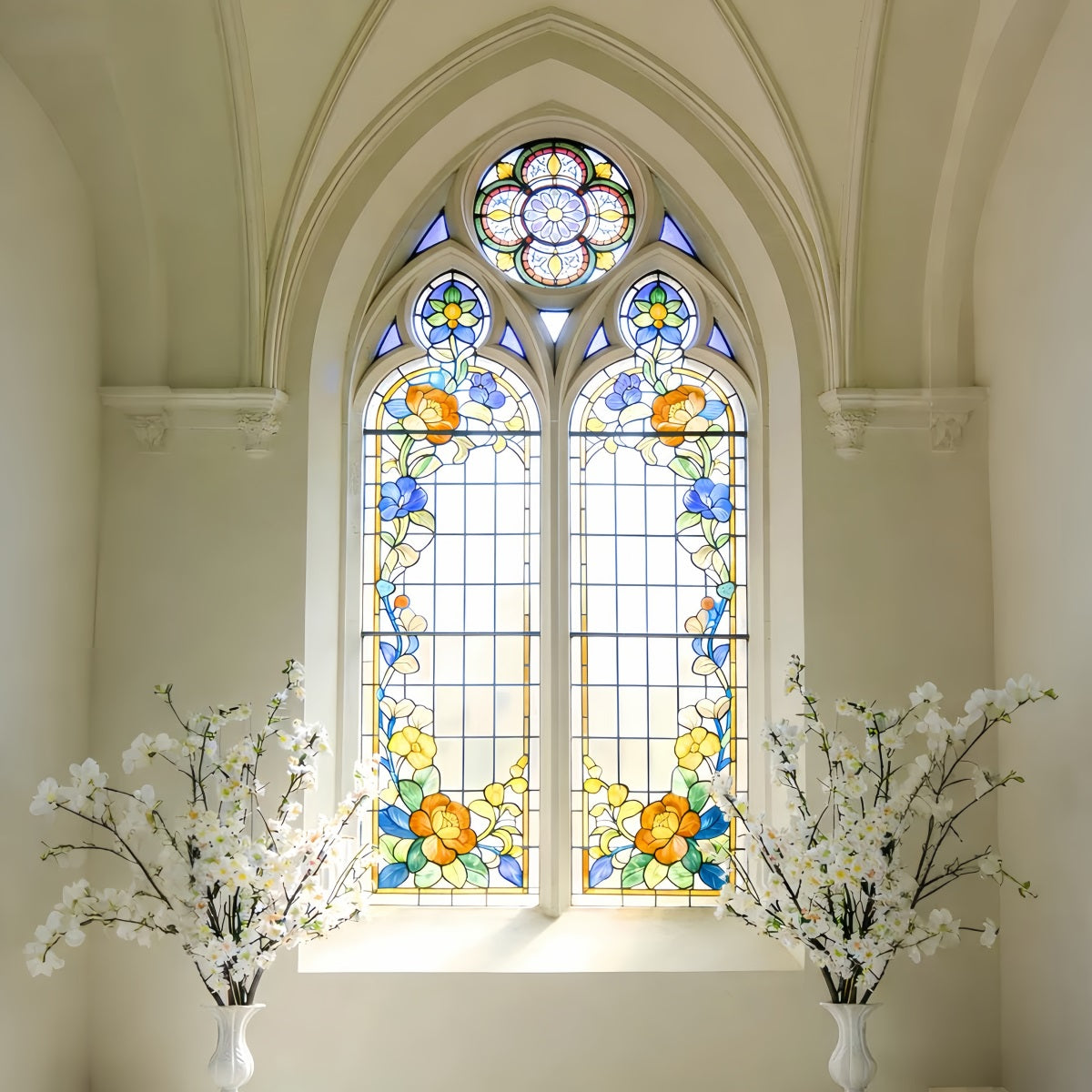 Stained Glass Backdrop Cathedral Daisies Arch Window Church Easter Backdrop UK LXX512-141