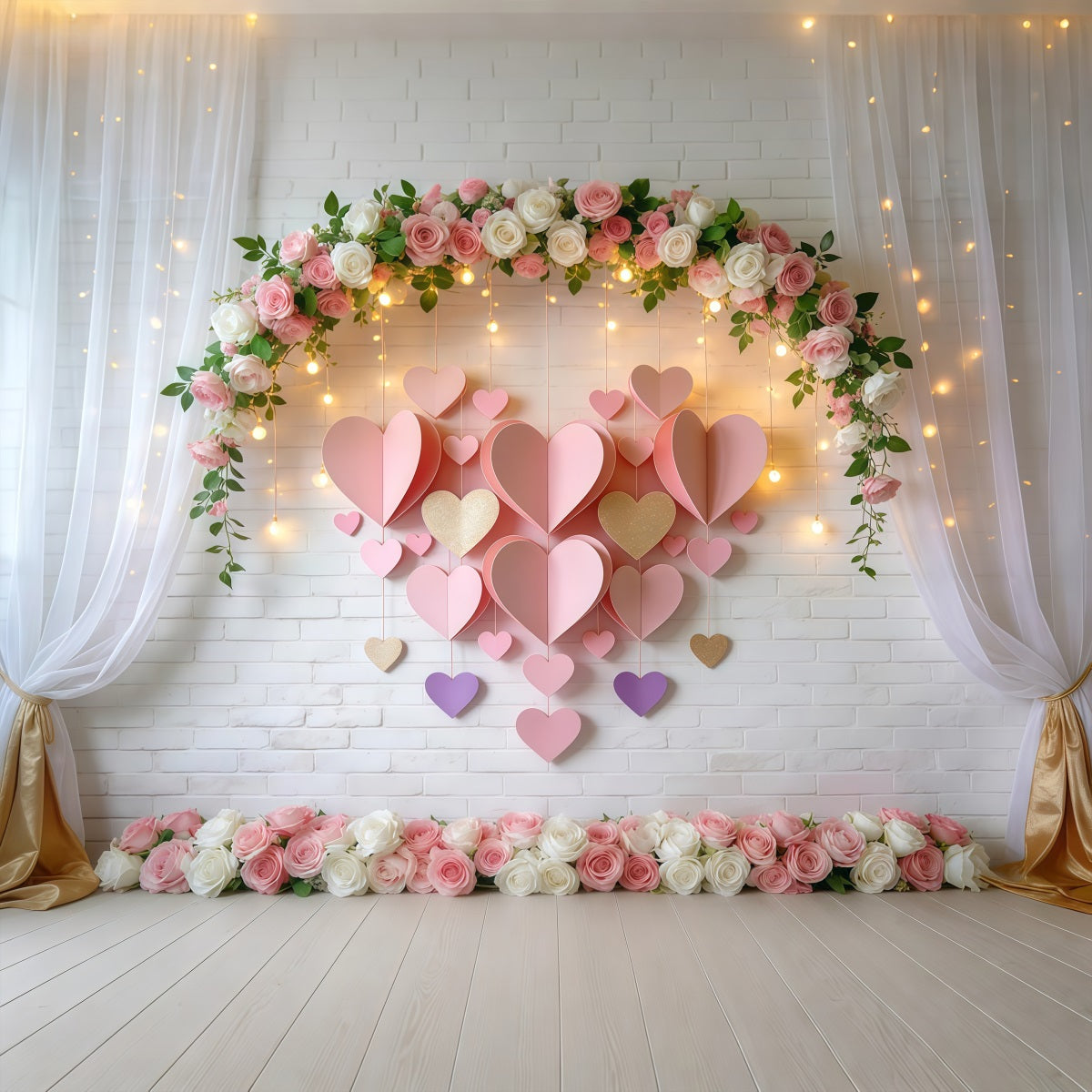 Valentine's Day Backdrop Blush Floral Arch Lights Love Backdrops UK LXX512-144