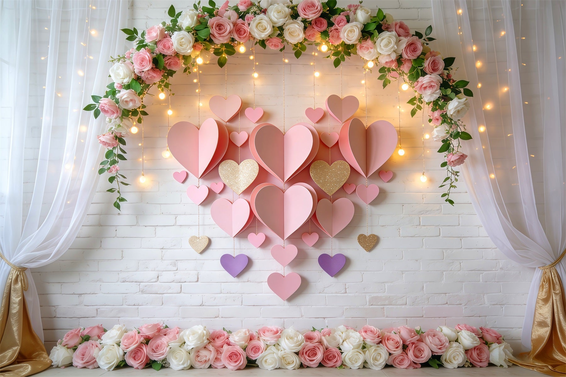 Valentine's Day Backdrop Blush Floral Arch Lights Love Backdrops UK LXX512-144