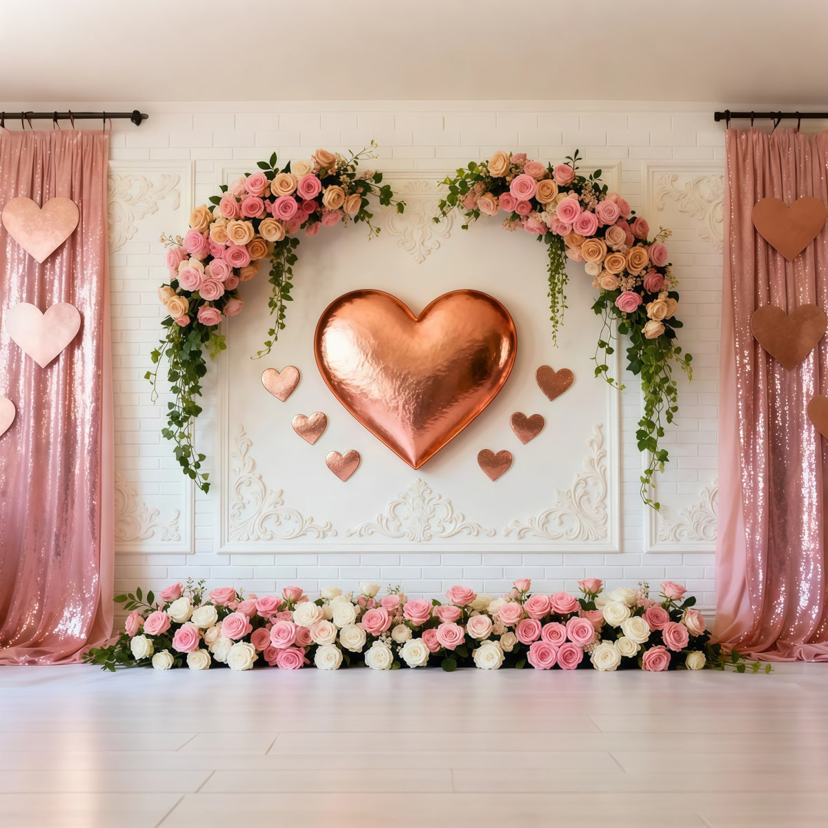 Pink Heart Backdrop Rose Gold Heart Flower Wall Valentine's Day Backdrop UK LXX512-147