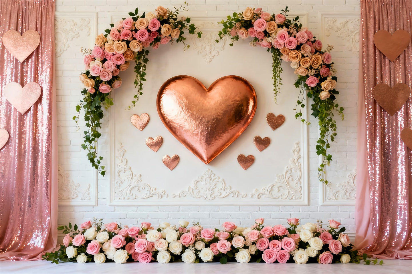 Pink Heart Backdrop Rose Gold Heart Flower Wall Valentine's Day Backdrop UK LXX512-147
