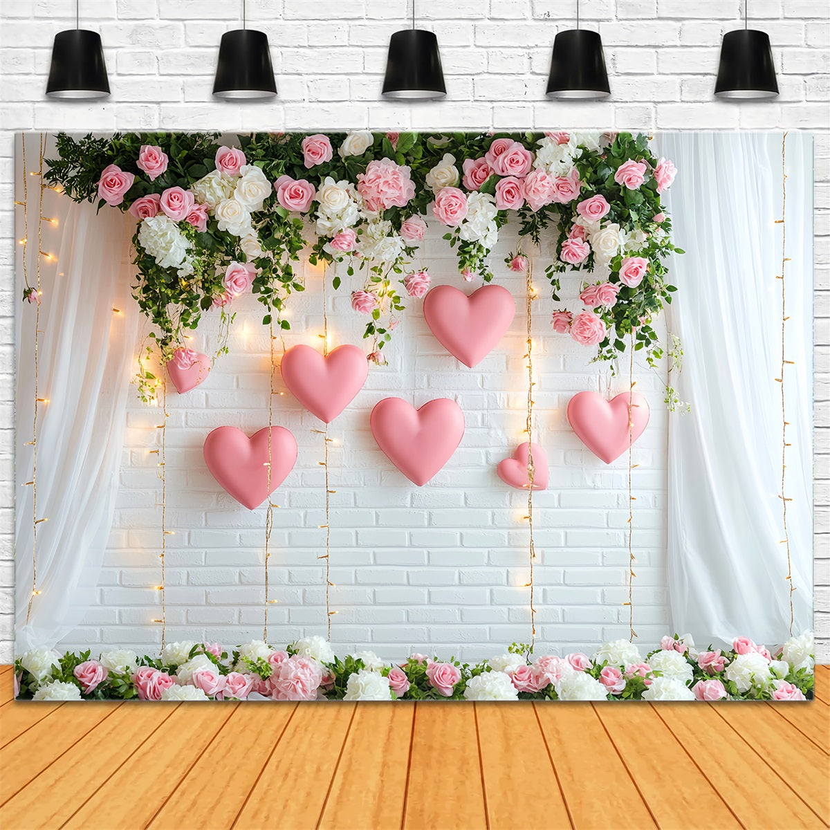 Romantic Backdrop Flower Heart Hanging Lights Wreath Valentine Backdrop UK LXX512-150