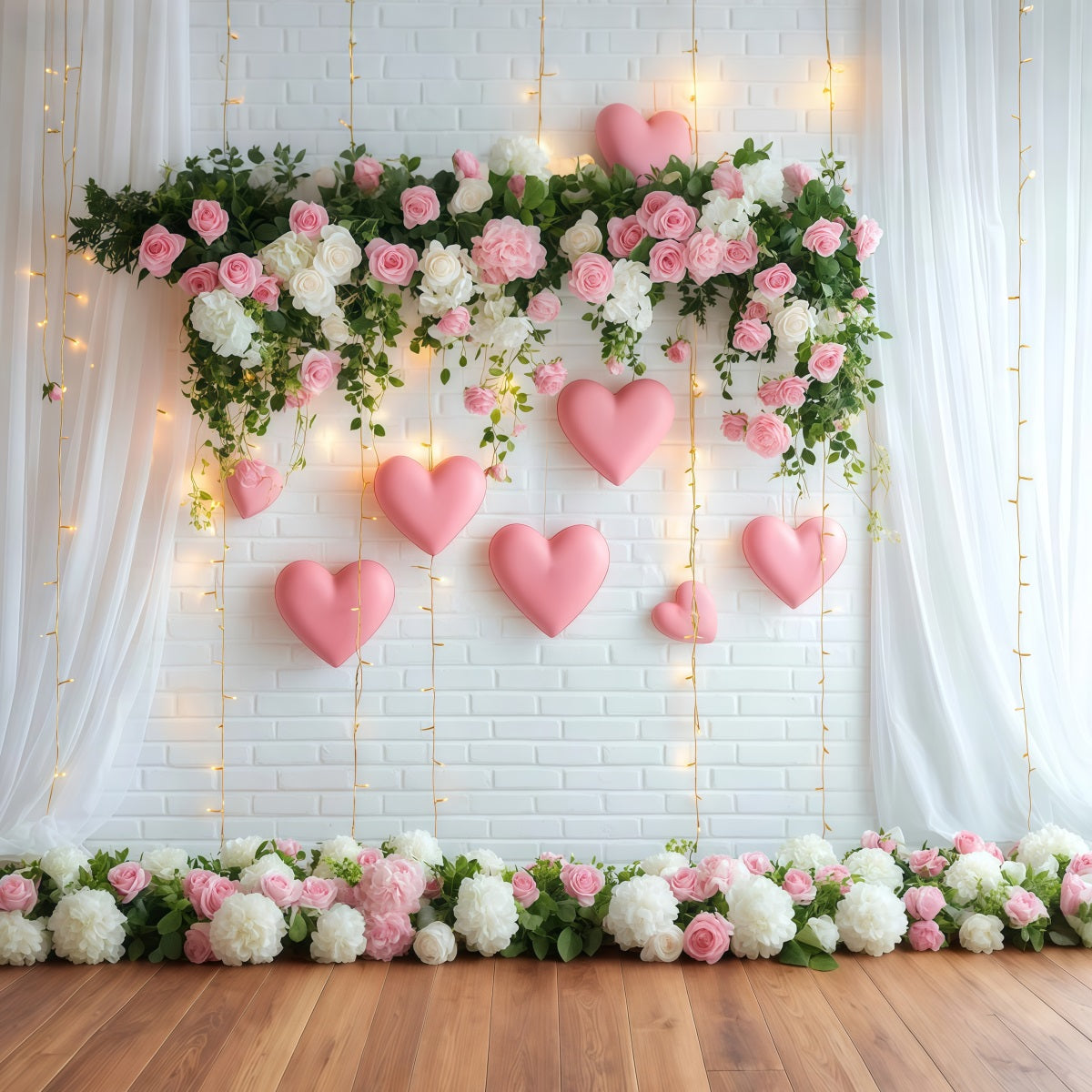 Romantic Backdrop Flower Heart Hanging Lights Wreath Valentine Backdrop UK LXX512-150