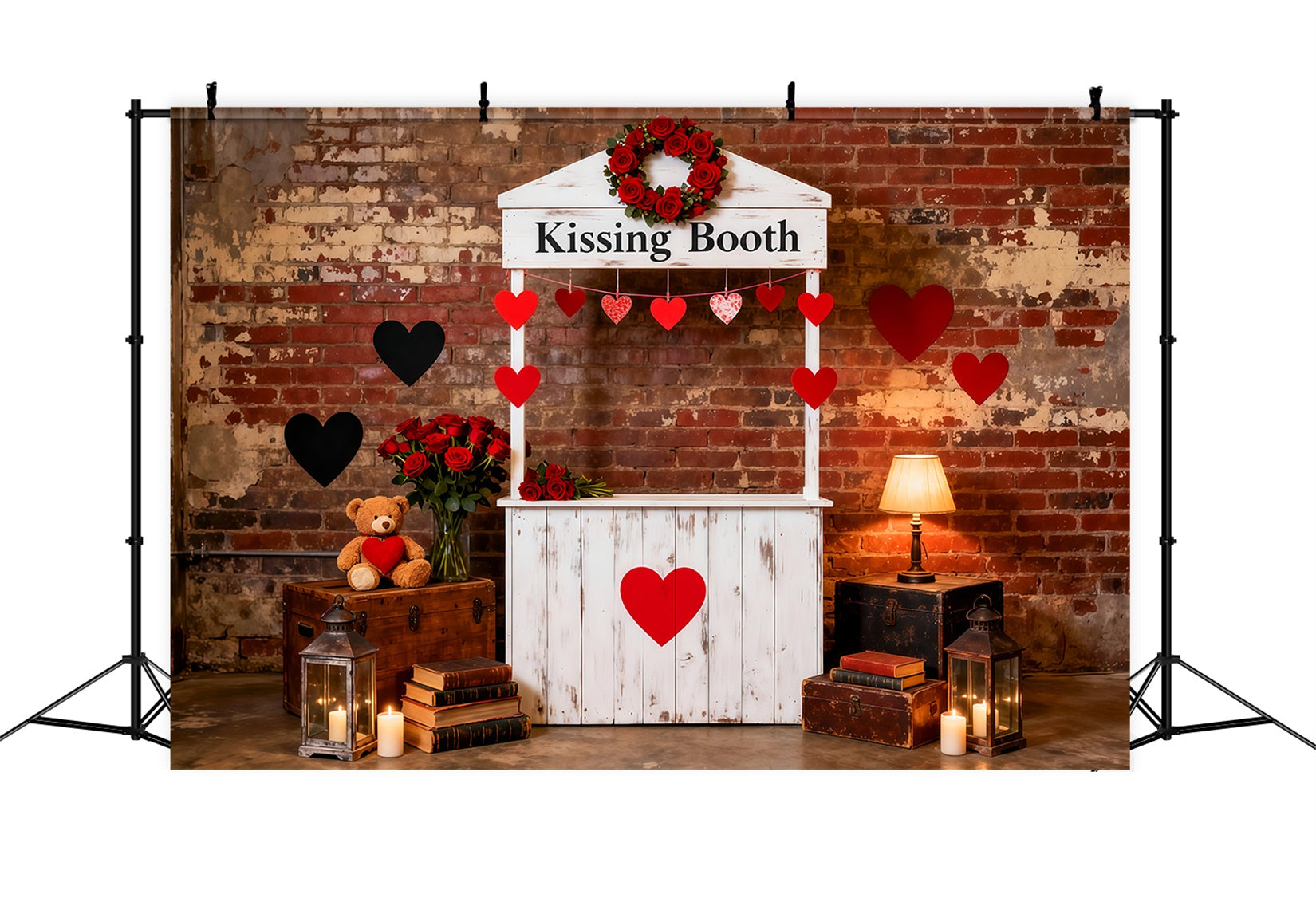 Heart Garland Backdrop Kissing Booth Brick Charm Valentine Photo Backdrop UK LXX512-156