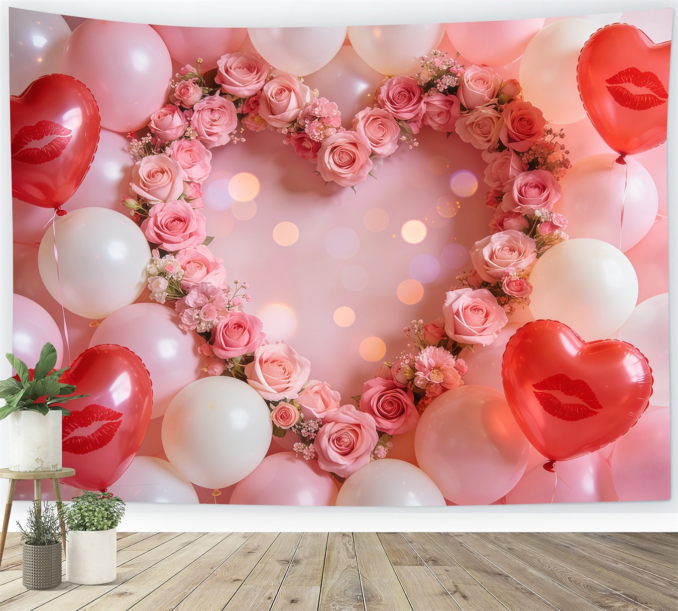 Heart Balloon Backdrop Blush Rose Heart Wreath Valentine Backdrop UK LXX512-159