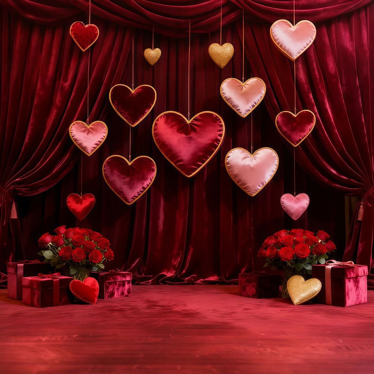 Valentine Photo Backdrop Velvet Draped Hanging Hearts Red Rose Backdrop UK LXX512-161