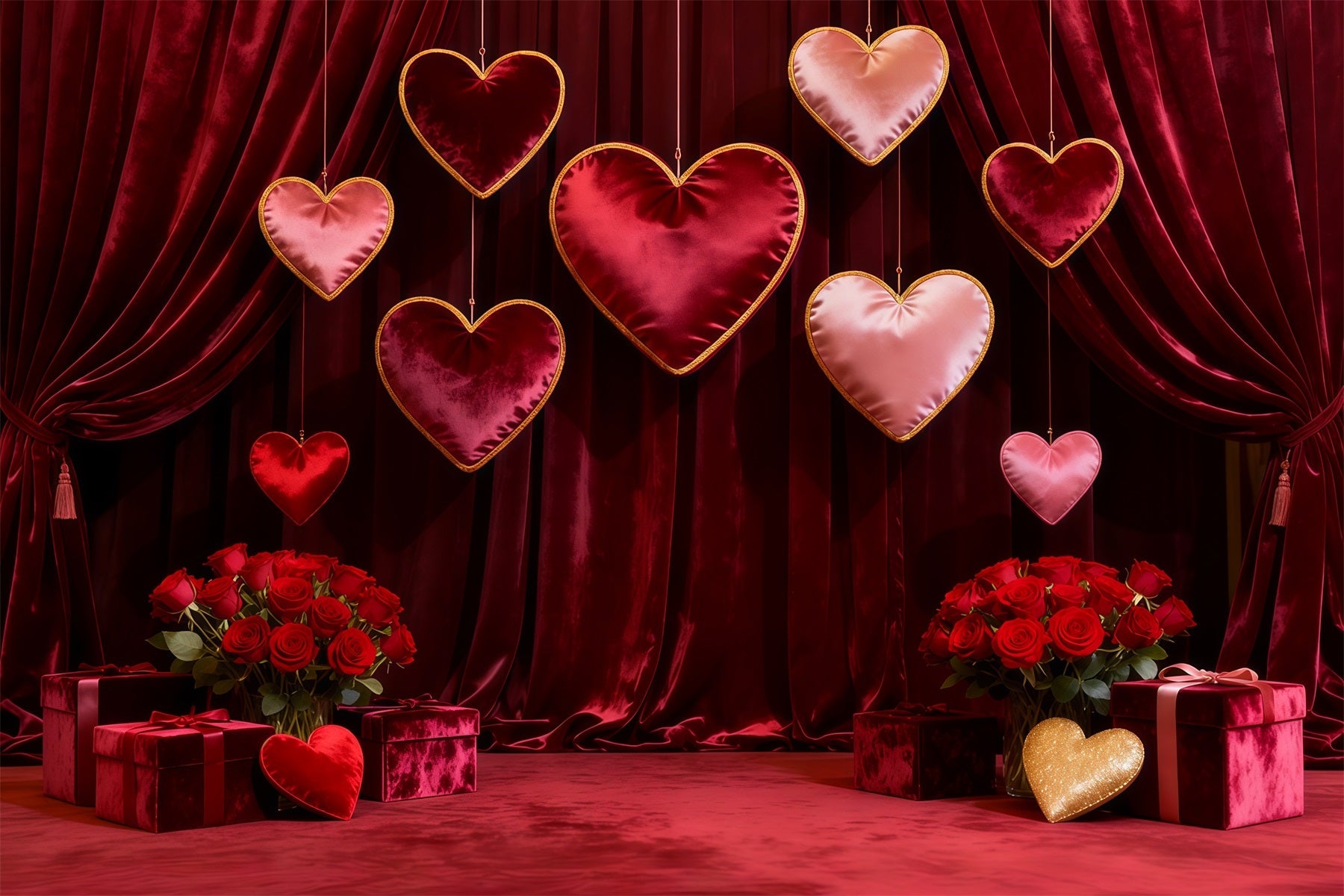 Valentine Photo Backdrop Velvet Draped Hanging Hearts Red Rose Backdrop UK LXX512-161