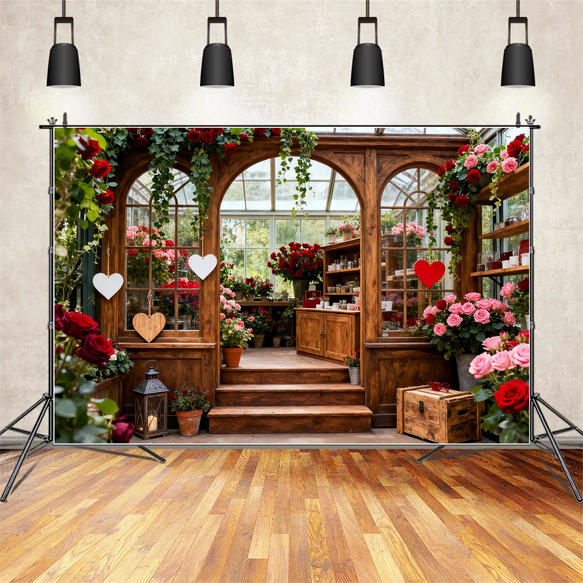 Rustic Farmhouse Valentine Backdrop Garden Glasshouse Romance Red Rose Backdrop UK LXX512-163