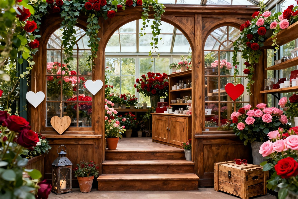 Rustic Farmhouse Valentine Backdrop Garden Glasshouse Romance Red Rose Backdrop UK LXX512-163