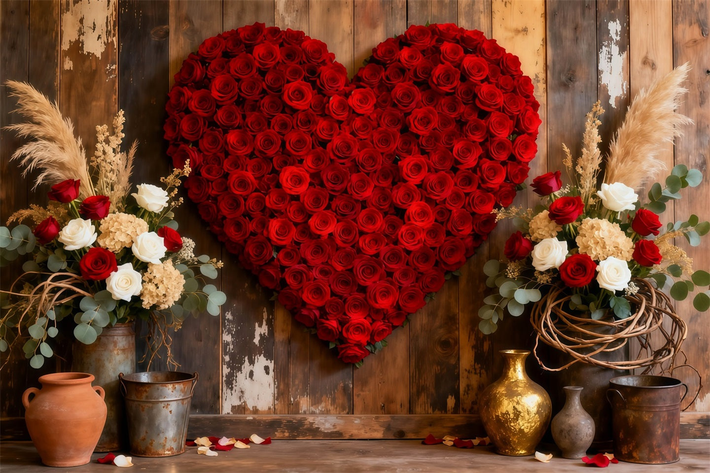 Heart Flower Backdrop Wood Doorway Red Rose Valentine's Day Backdrop UK LXX512-165
