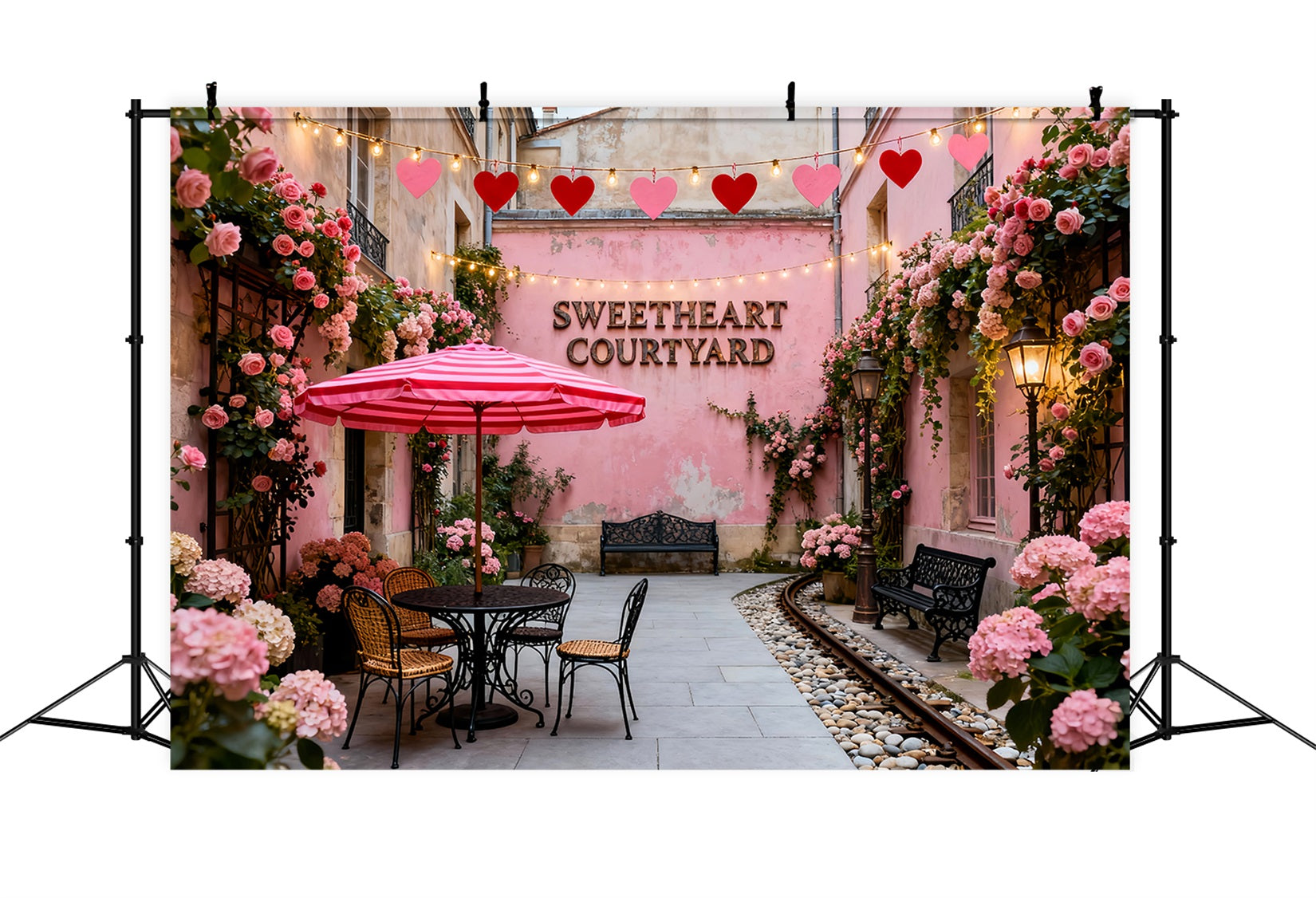 Wreath Valentine Backdrop Sweetheart Pink Courtyard Cafe Romantic Backdrop UK LXX512-167