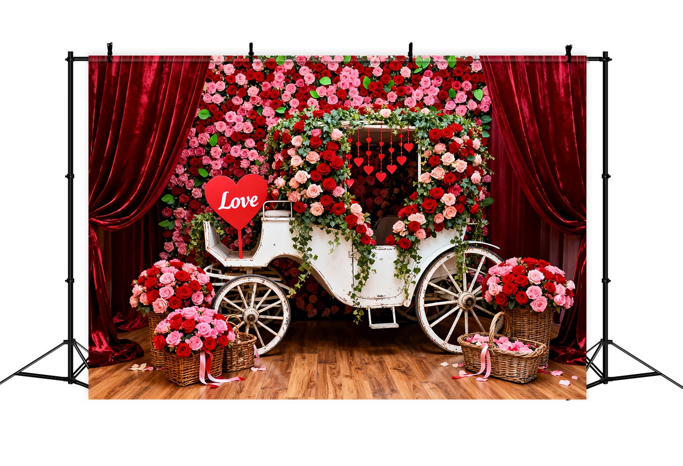 Red Roses Backdrop Romantic Floral Carriage Valentine's Day Backdrops UK LXX512-173