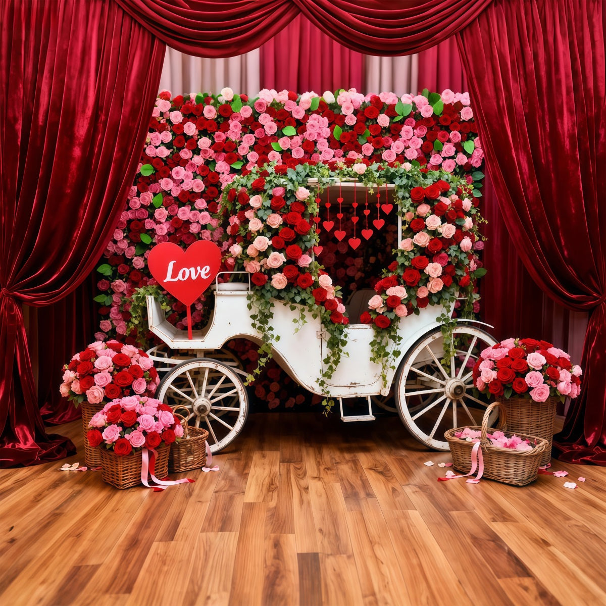 Red Roses Backdrop Romantic Floral Carriage Valentine's Day Backdrops UK LXX512-173