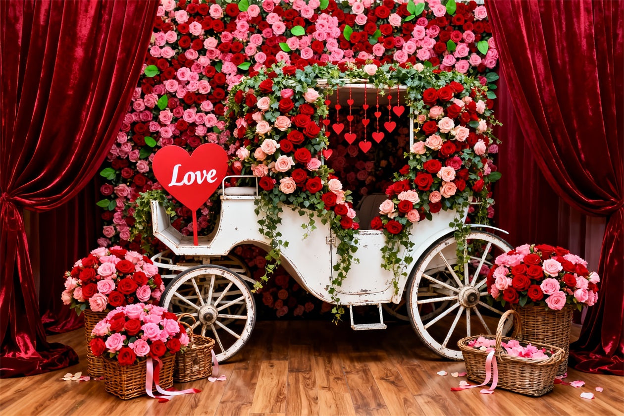 Red Roses Backdrop Romantic Floral Carriage Valentine's Day Backdrops UK LXX512-173