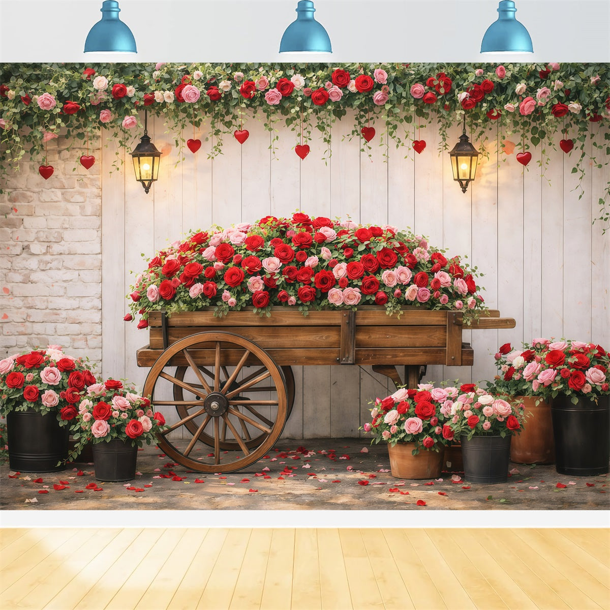 Red Roses Backdrop Garden Flower Wagon Romance Valentine's Day Backdrops UK LXX512-177