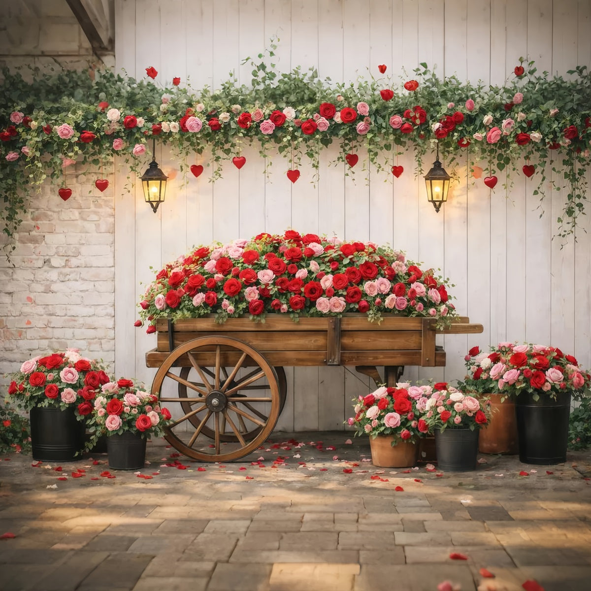 Red Roses Backdrop Garden Flower Wagon Romance Valentine's Day Backdrops UK LXX512-177