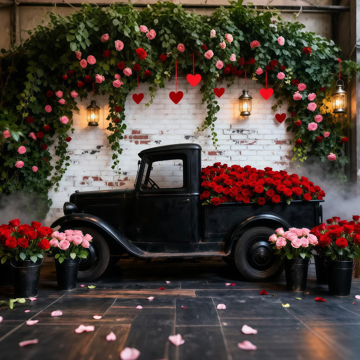 Valentine's Day Backdrops Vintage Red Rose Truck Romantic Backdrop UK LXX512-178