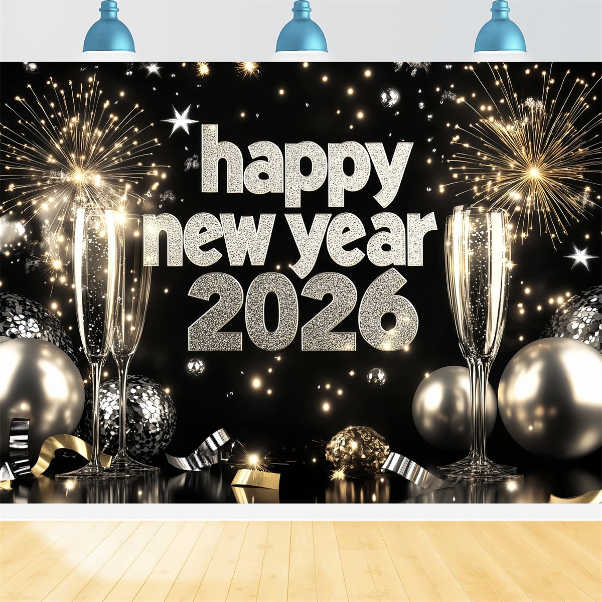 2026 New Year Backdrop Silver Champagne Firework Happy New Year Backdrop UK LXX512-19