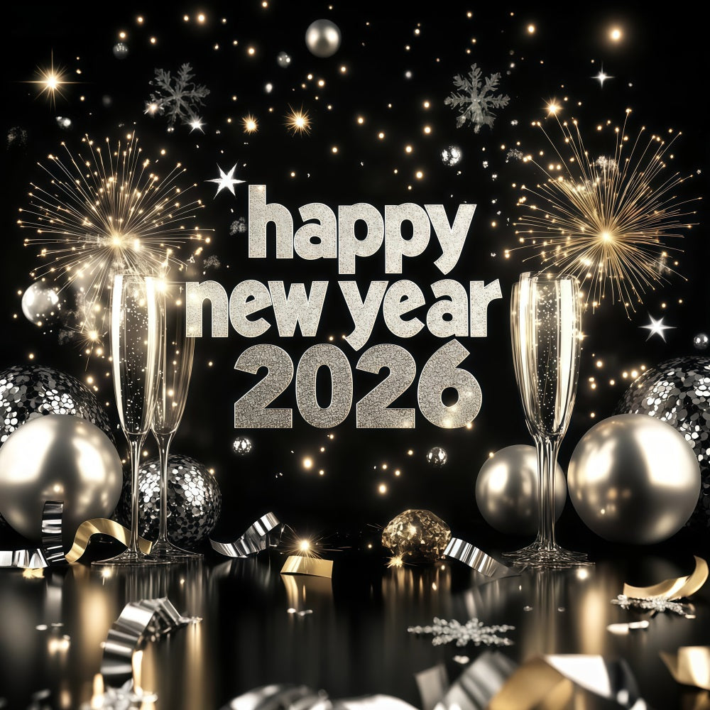 2026 New Year Backdrop Silver Champagne Firework Happy New Year Backdrop UK LXX512-19