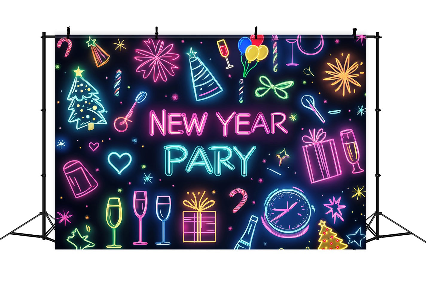 New Year Backdrop Colorful Party Icons Celebration Neon Light Backdrop UK LXX512-2