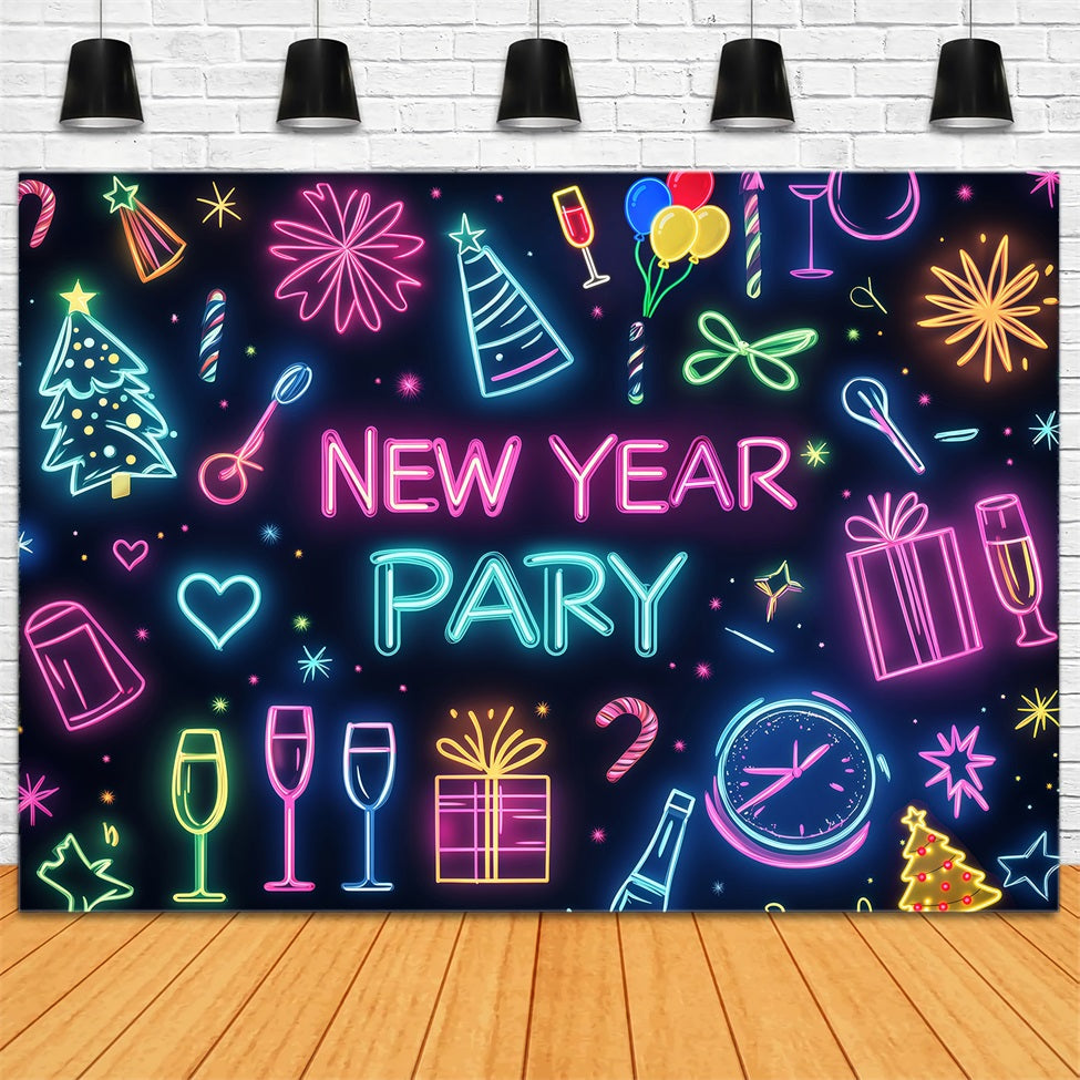 New Year Backdrop Colorful Party Icons Celebration Neon Light Backdrop UK LXX512-2