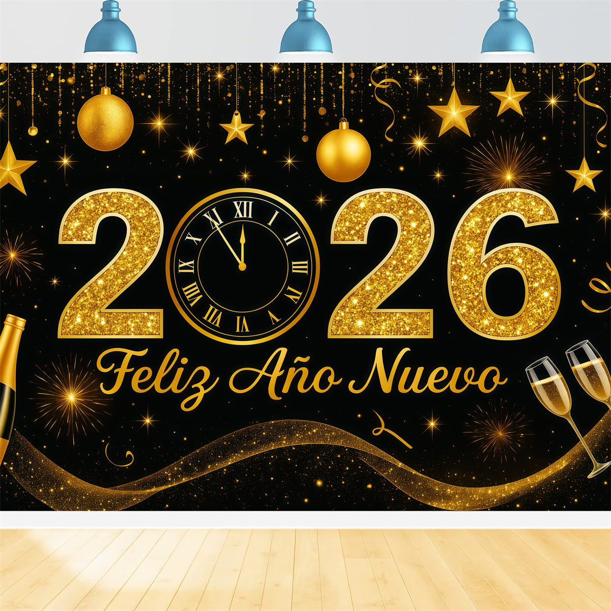 New Year's Backdrop Golden Glitter Countdown Champagne Sparkle Backdrop UK LXX512-20