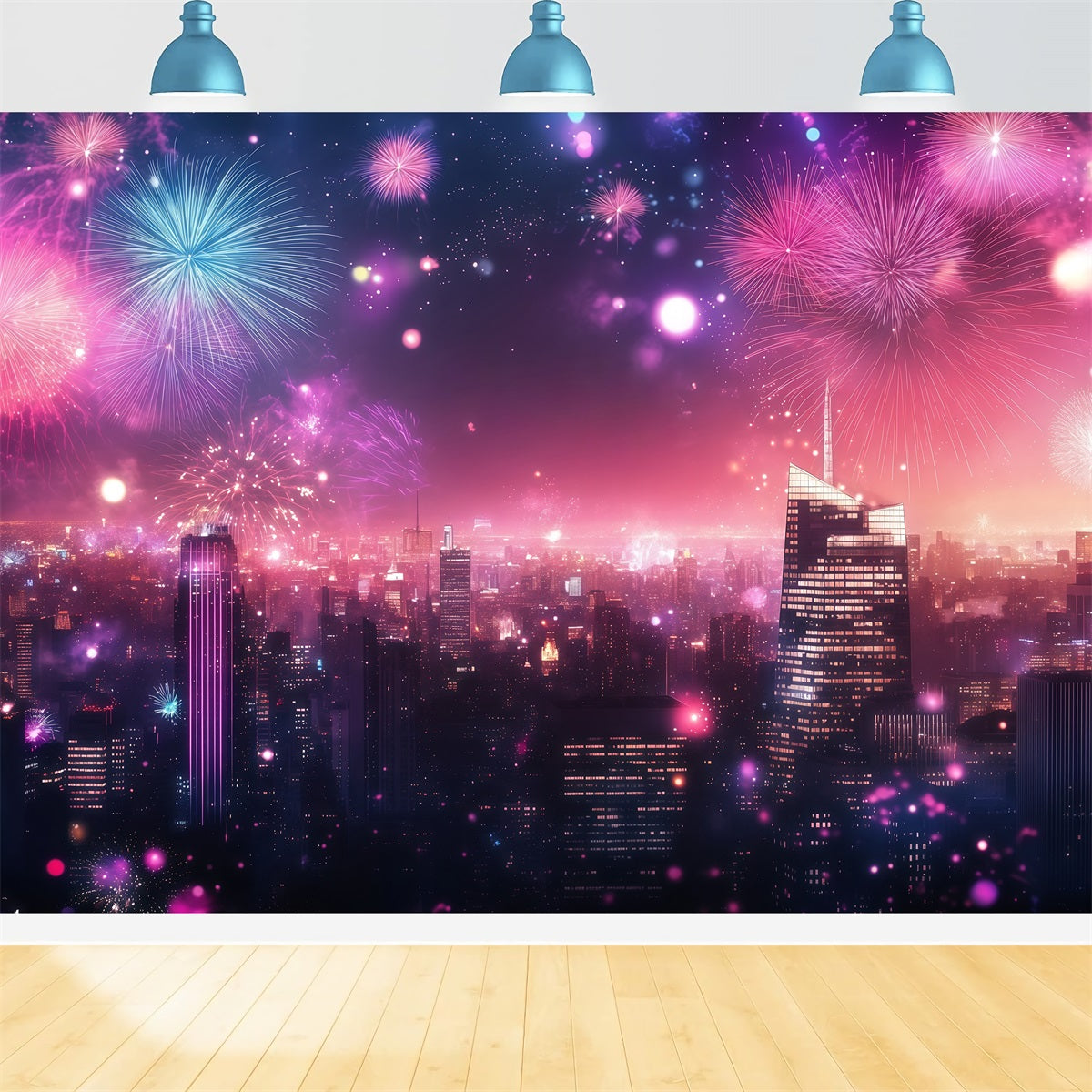 New Years Backdrops Pink Fireworks City Glow Cityscape Photo Backdrop UK LXX512-25