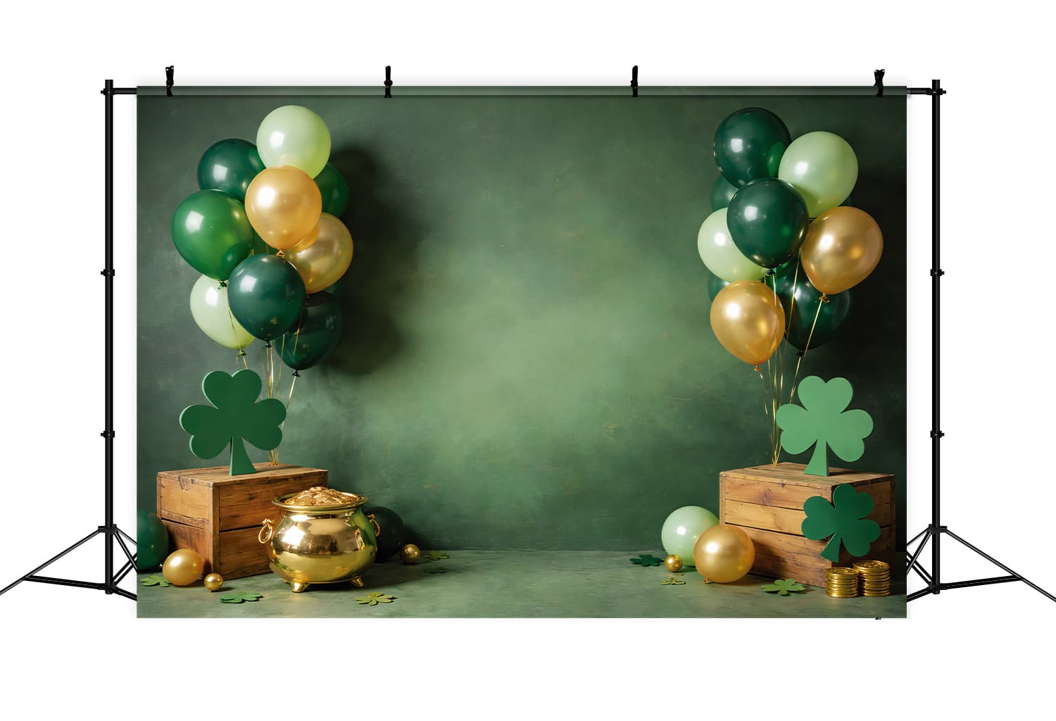 St Patrick's Day Backdrop Shamrock Balloons Gold Cauldron St Patrick Backdrop UK LXX512-26
