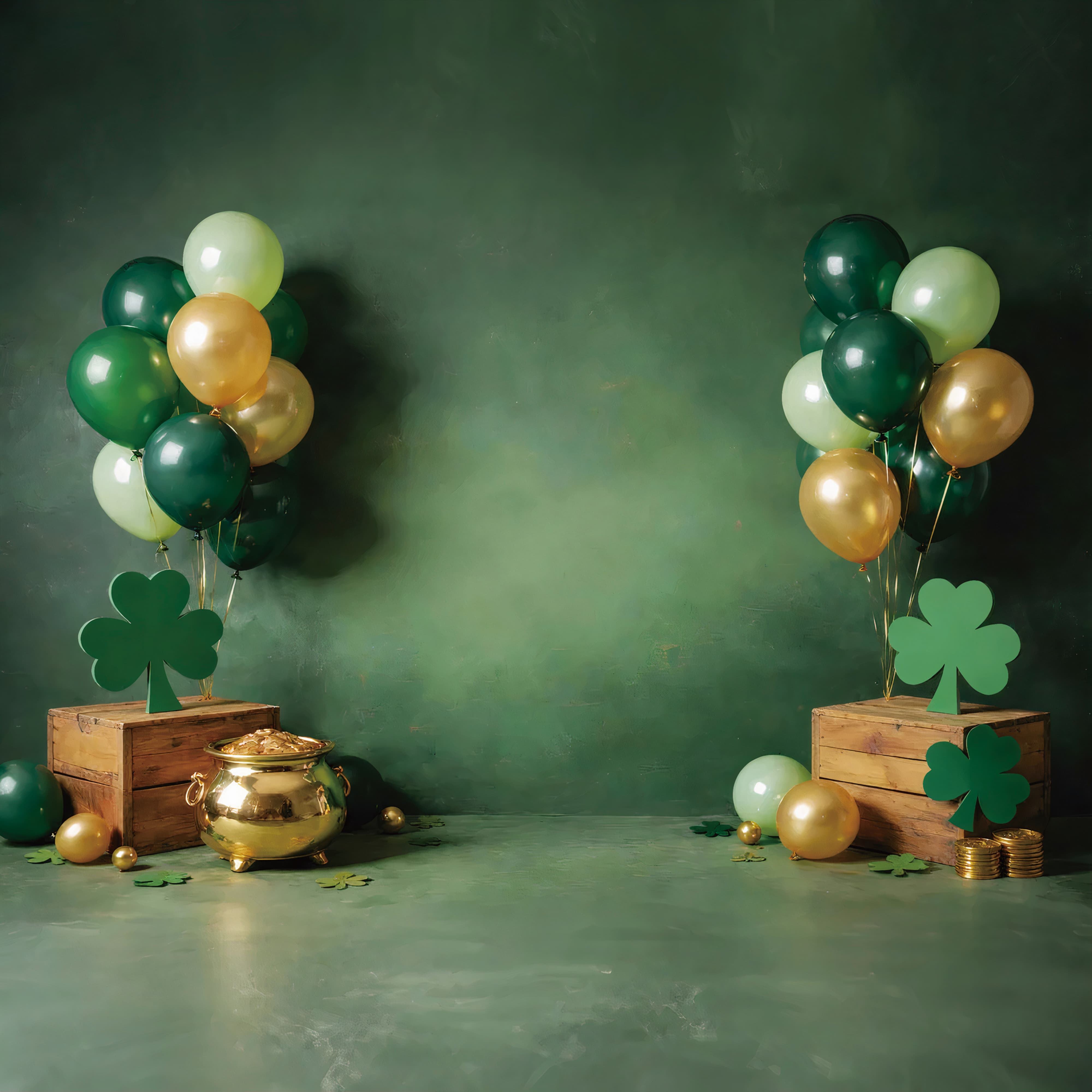 St Patrick's Day Backdrop Shamrock Balloons Gold Cauldron St Patrick Backdrop UK LXX512-26