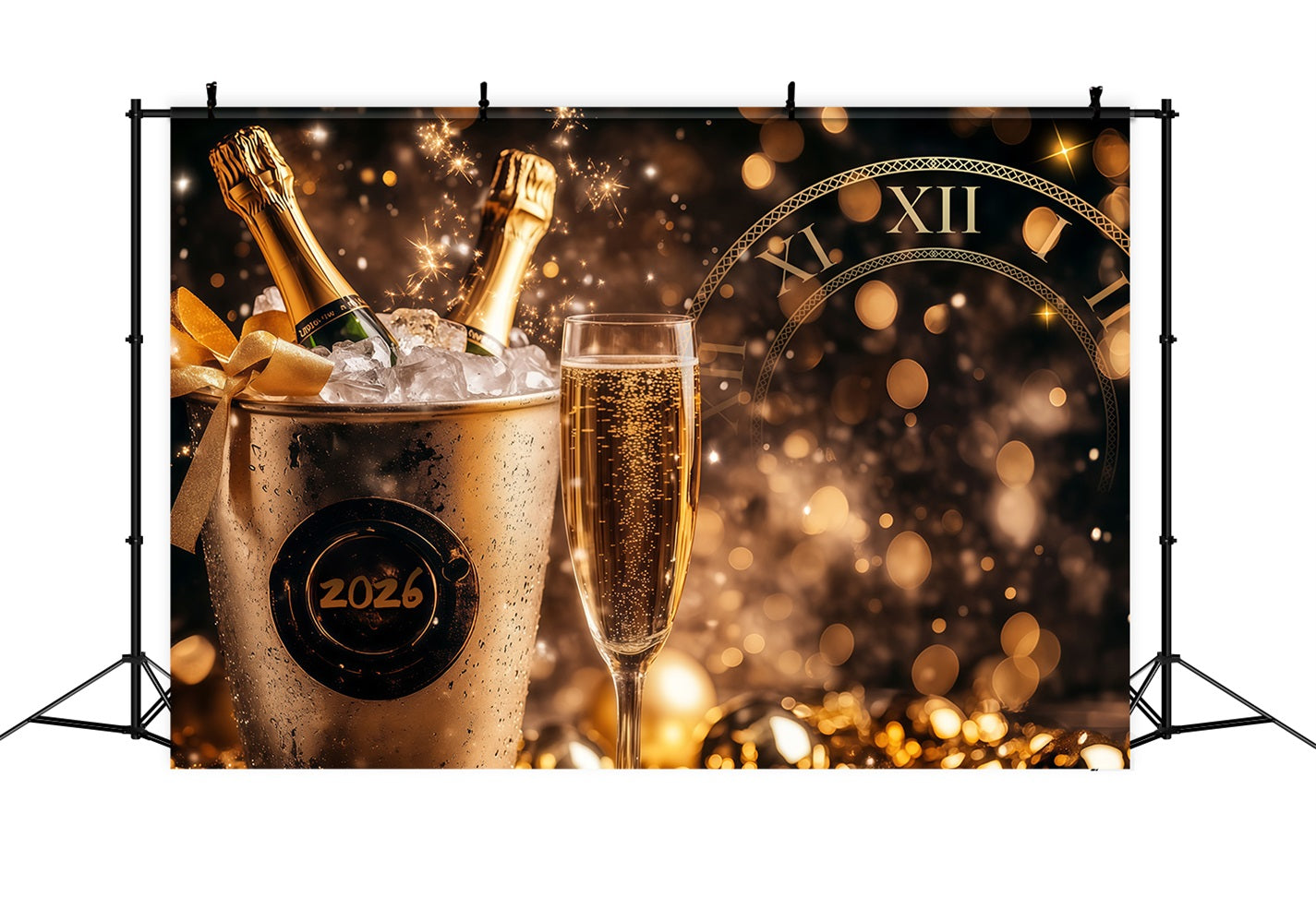 New Years Photo Backdrop Gold Sparkle Countdown Champagne Bottle Backdrop UK LXX512-3