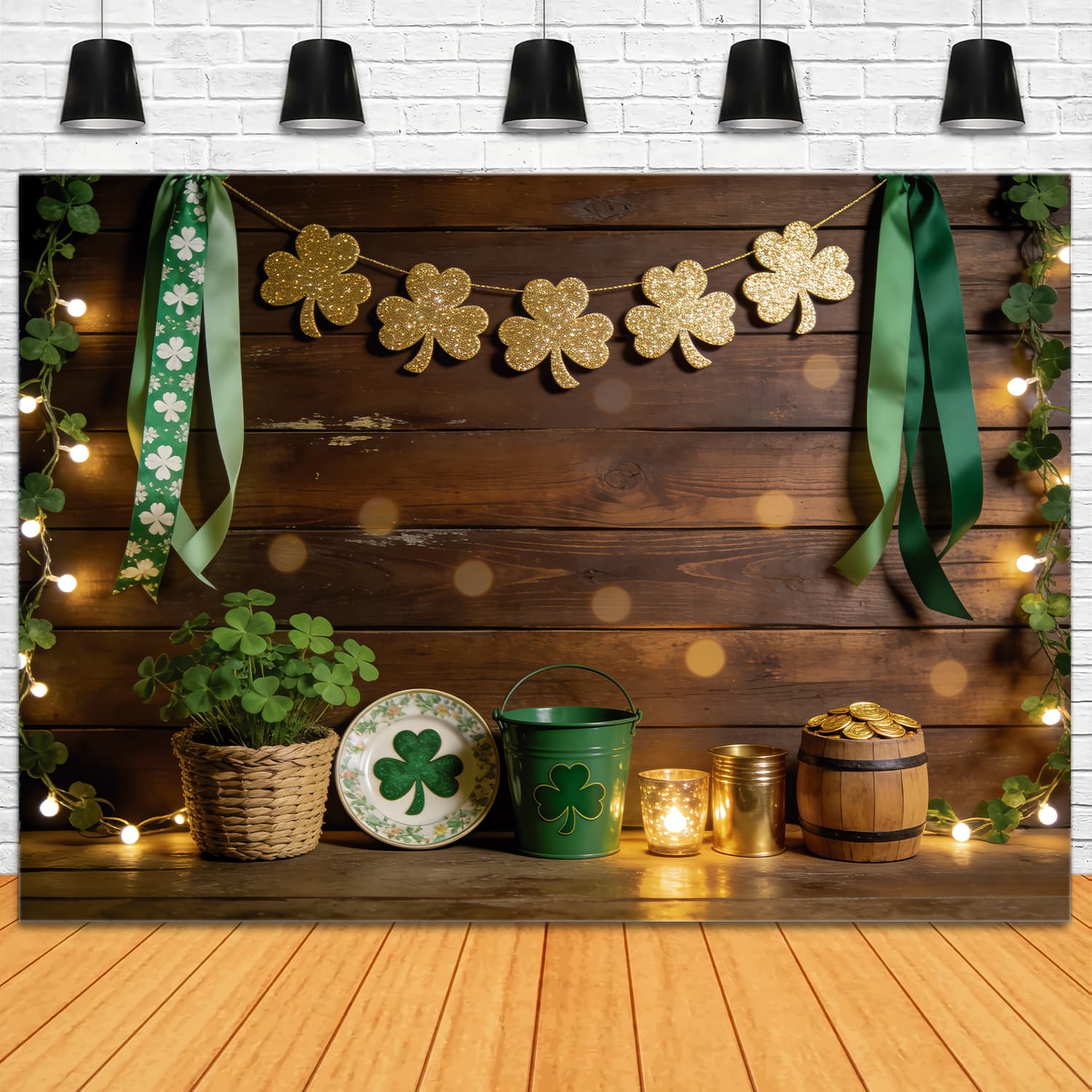 St Patricks Day Photo Backdrop Golden Clover Wood Barrel St Patrick Backdrop UK LXX512-32