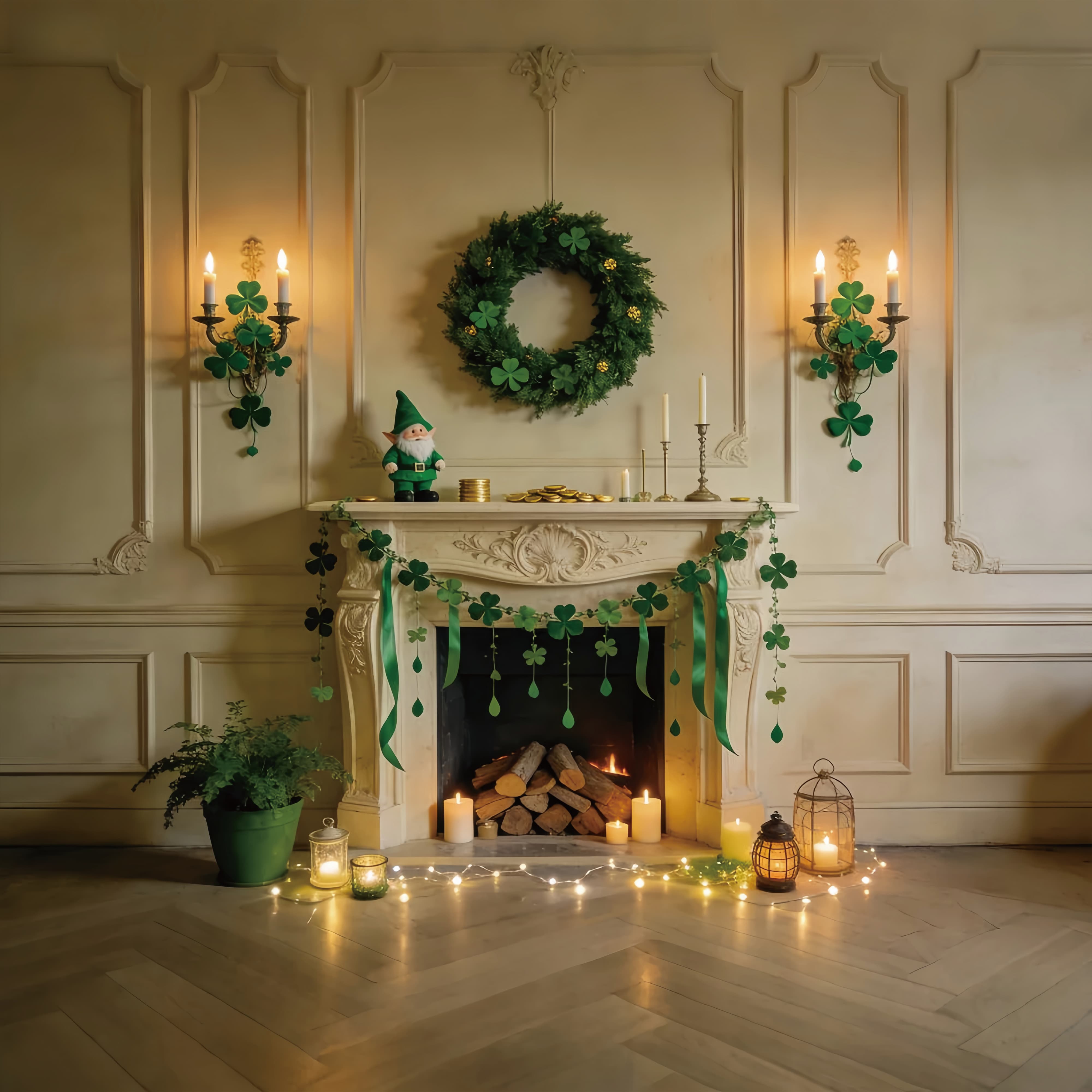 St Patrick Backdrop Emerald Fireplace Shamrock Garland St Patricks Day Backdrop UK LXX512-38