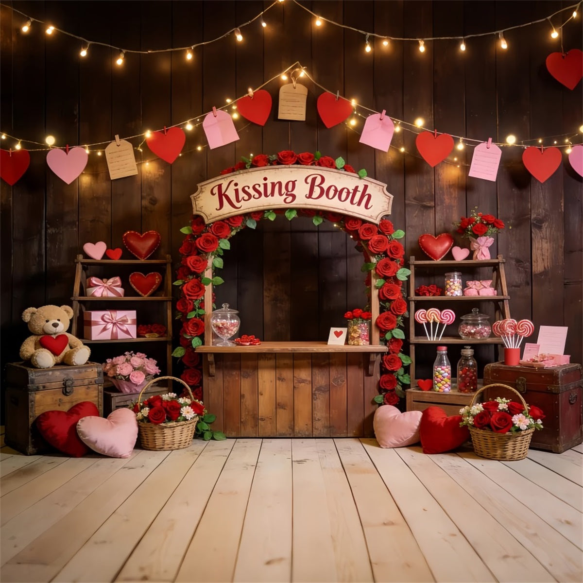 Heart Garland Backdrop Romantic Kissing Booth Roses Love Backdrops UK LXX512-47