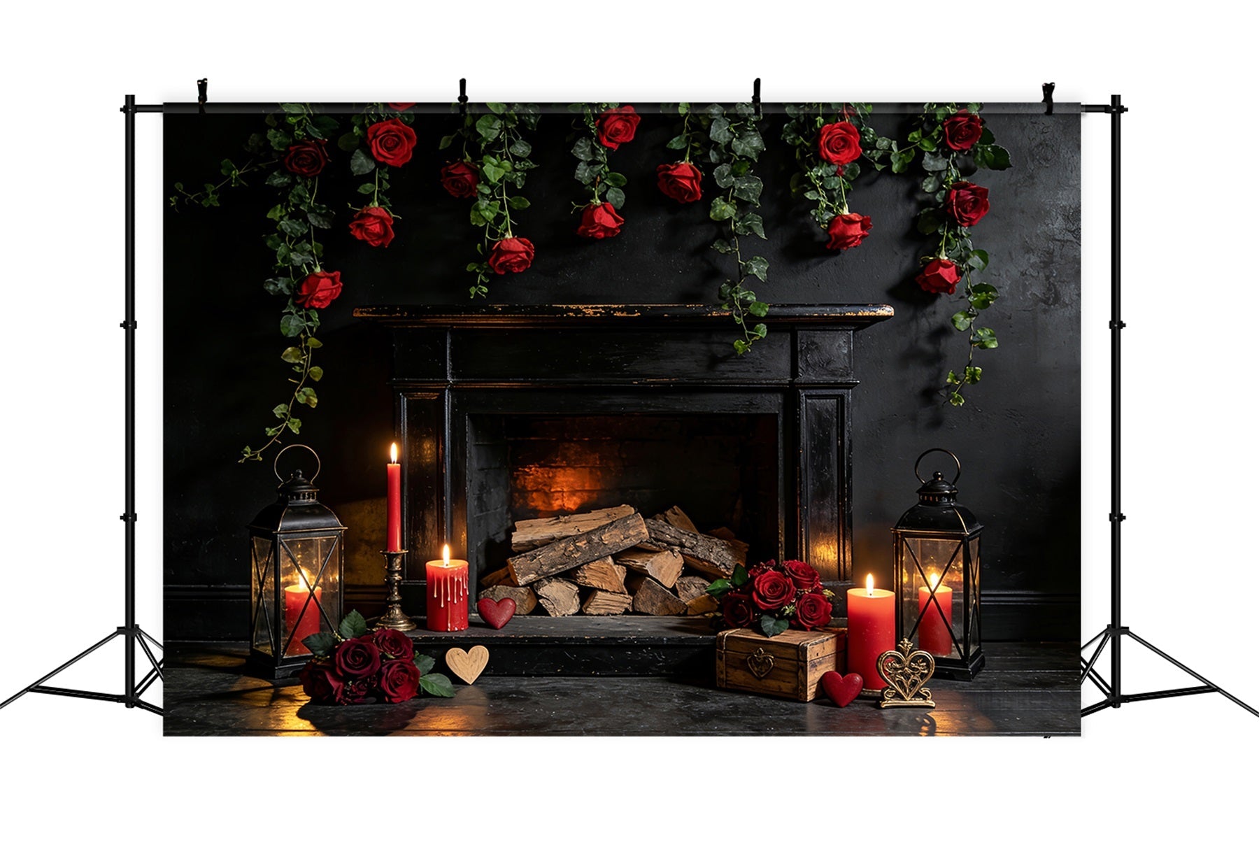 Valentine's Day Backdrop Red Roses Candle Room Fireplace Valentine Backdrop UK LXX512-48