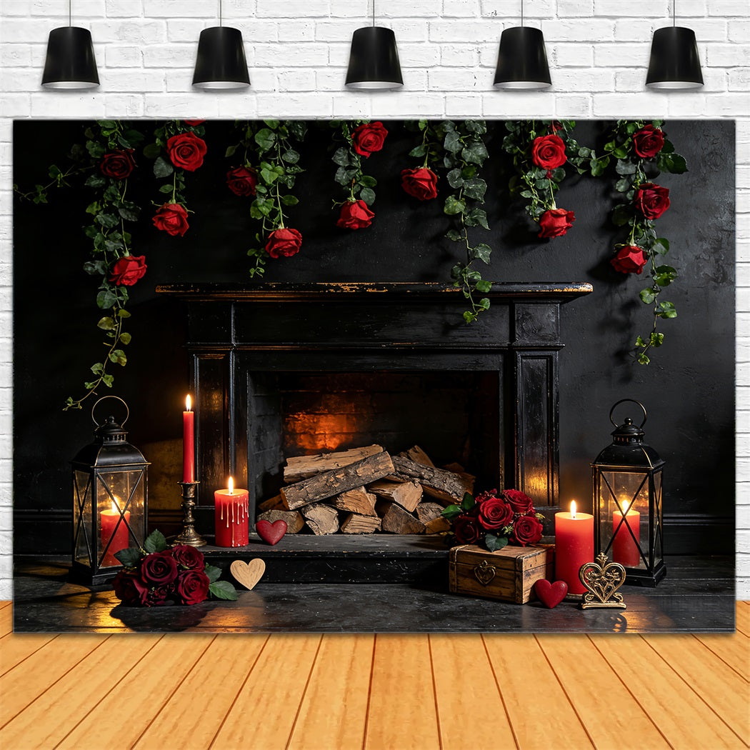 Valentine's Day Backdrop Red Roses Candle Room Fireplace Valentine Backdrop UK LXX512-48