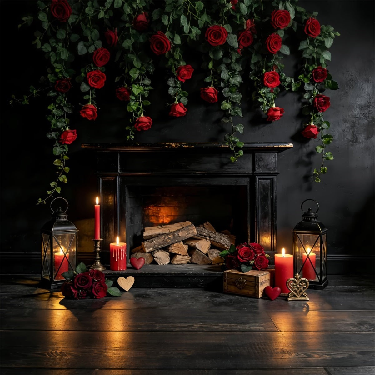 Valentine's Day Backdrop Red Roses Candle Room Fireplace Valentine Backdrop UK LXX512-48