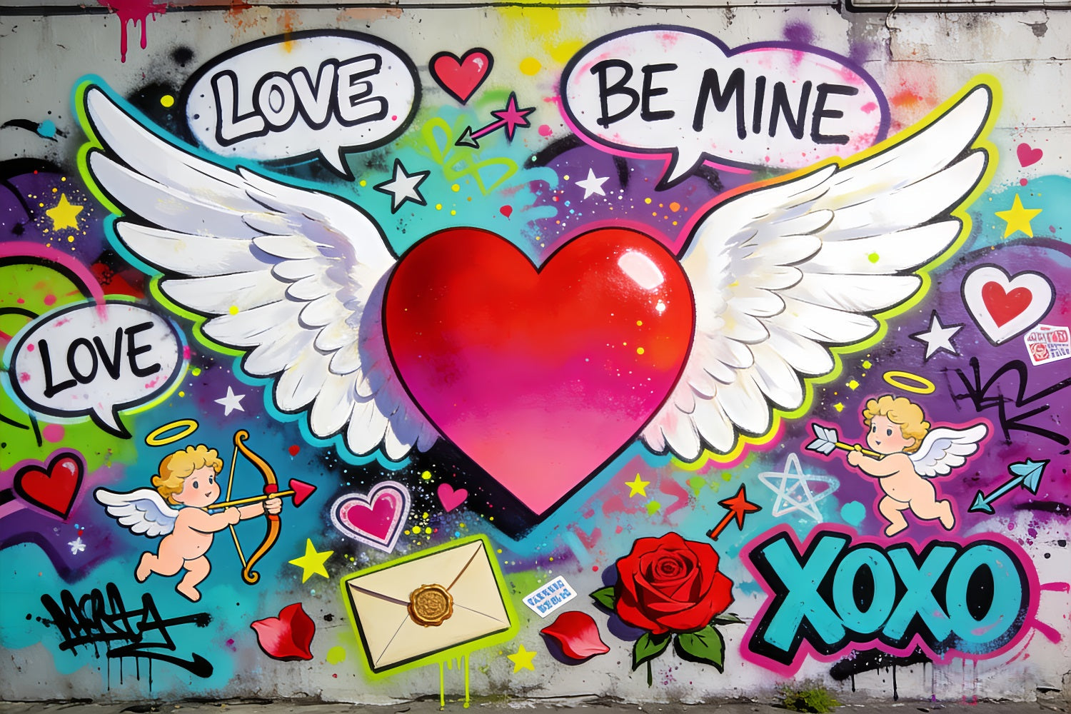 XOXO Backdrop Graffiti Love Winged Heart Cupid Backdrop UK LXX512-51
